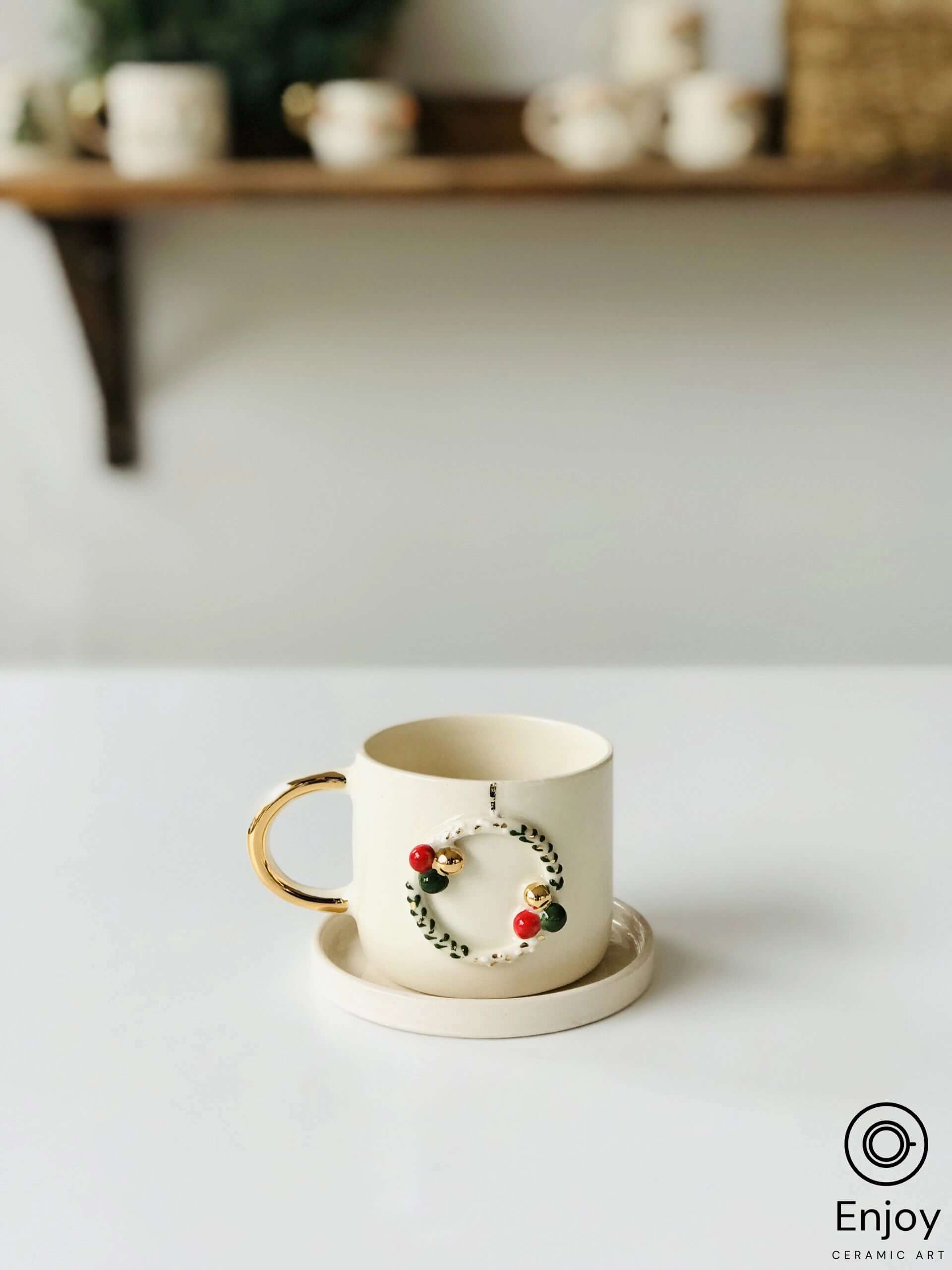Handcrafted Christmas Wreath Espresso Cup & Saucer Set, 5.4 oz - Ceramic Santa Espresso Mugs, Holiday-Themed Espresso Coffee Cups