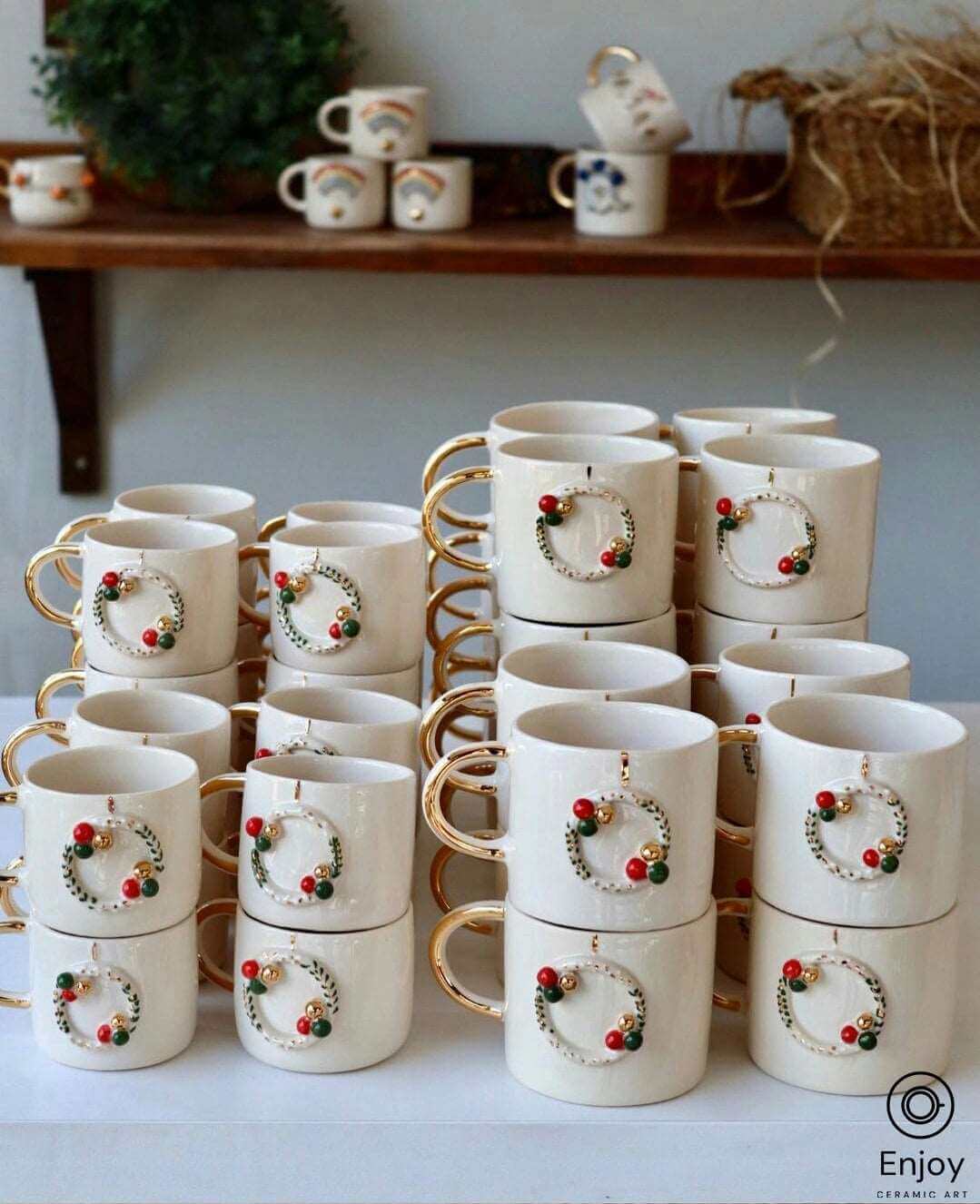 Handcrafted Christmas Wreath Espresso Cup & Saucer Set, 5.4 oz - Ceramic Santa Espresso Mugs, Holiday-Themed Espresso Coffee Cups