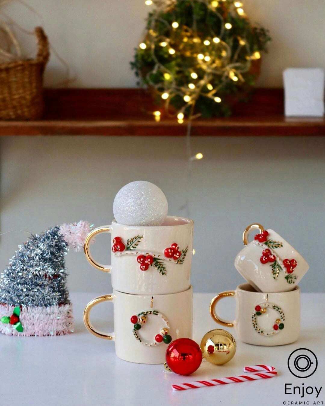 Handcrafted Christmas Wreath Espresso Cup & Saucer Set, 5.4 oz - Ceramic Santa Espresso Mugs, Holiday-Themed Espresso Coffee Cups
