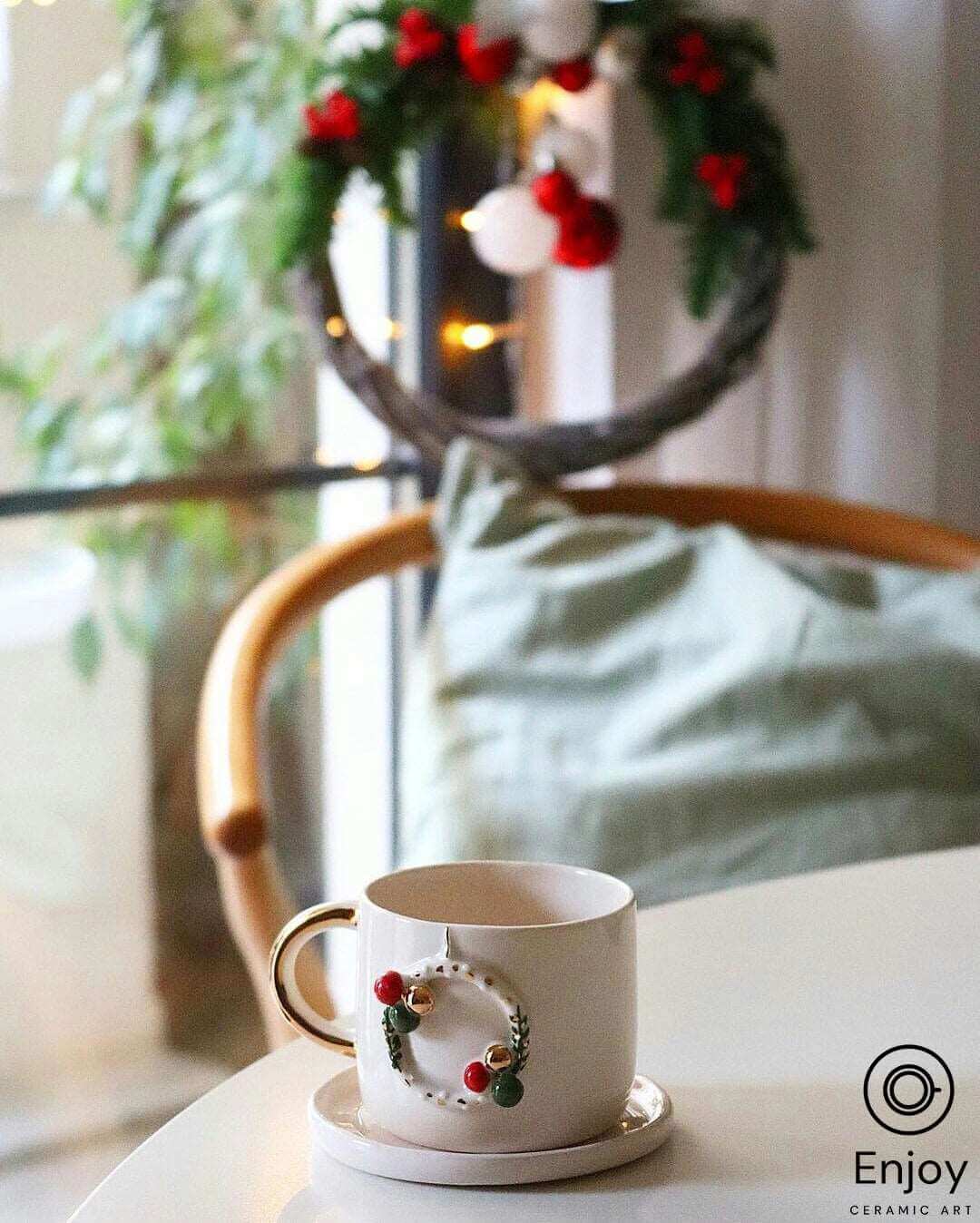 Handcrafted Christmas Wreath Espresso Cup & Saucer Set, 5.4 oz - Ceramic Santa Espresso Mugs, Holiday-Themed Espresso Coffee Cups