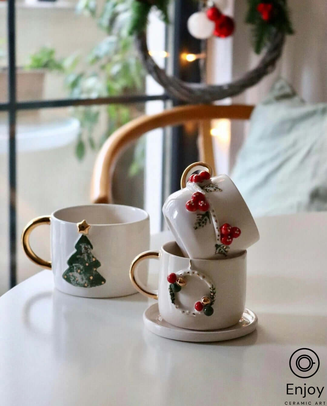 Handcrafted Christmas Wreath Espresso Cup & Saucer Set, 5.4 oz - Ceramic Santa Espresso Mugs, Holiday-Themed Espresso Coffee Cups