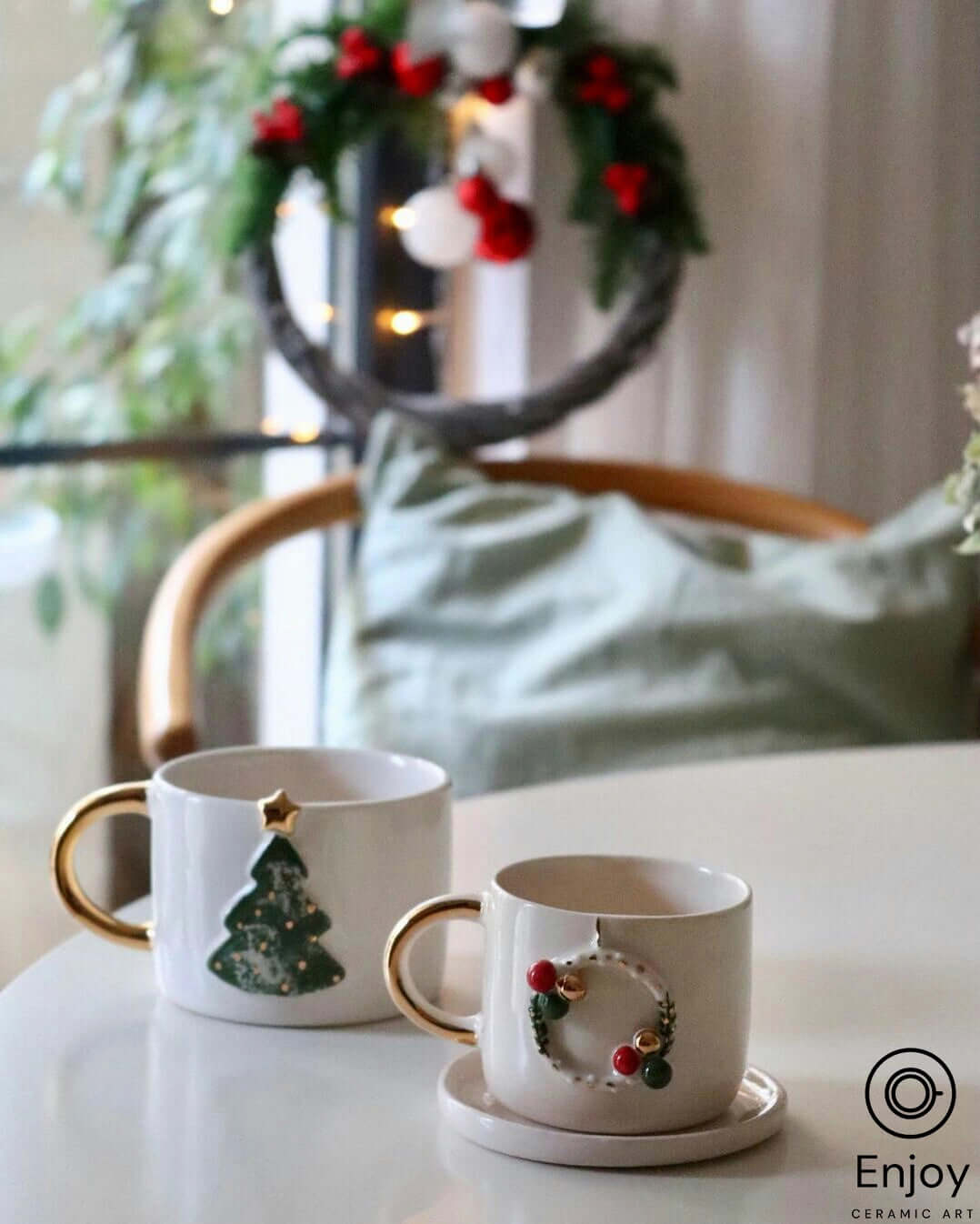 Handcrafted Christmas Wreath Espresso Cup & Saucer Set, 5.4 oz - Ceramic Santa Espresso Mugs, Holiday-Themed Espresso Coffee Cups