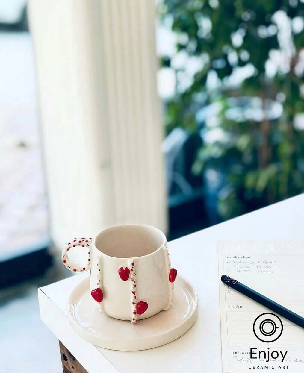 Handmade 'Love Way' Red Heart-Shaped Espresso Cup & Saucer Set - 5.4 oz, Ceramic Valentine's Espresso Mugs, Perfect Gift for Her