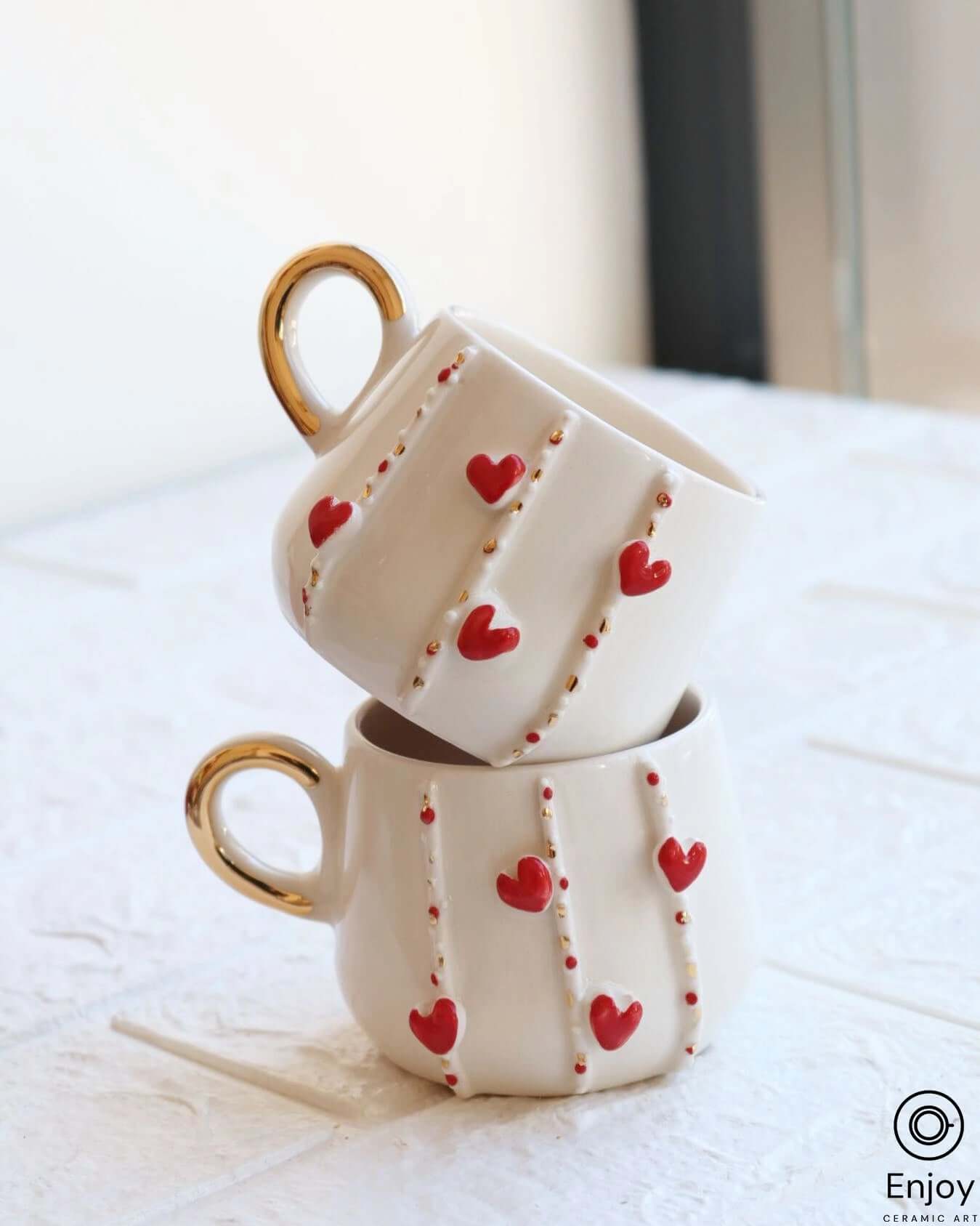 Handmade 'Love Way' Red Heart-Shaped Espresso Cup & Saucer Set - 5.4 oz, Ceramic Valentine's Espresso Mugs, Perfect Gift for Her
