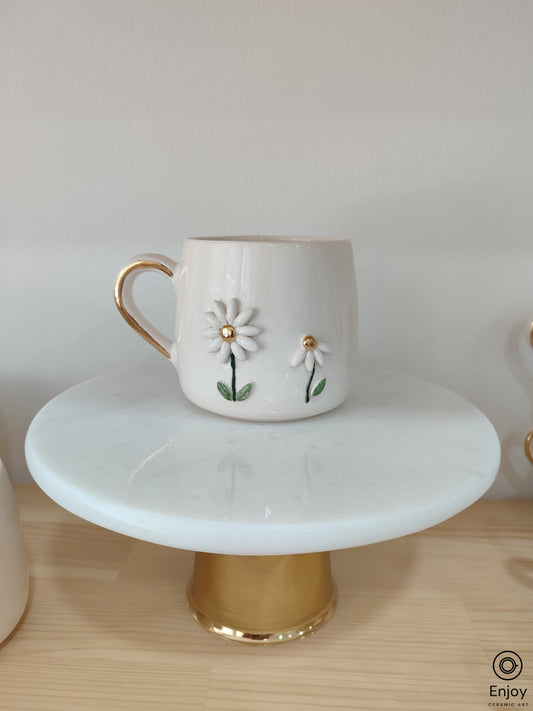 Handmade Double Daisy Gold Center Ceramic Mug 10 oz with Gold Handle