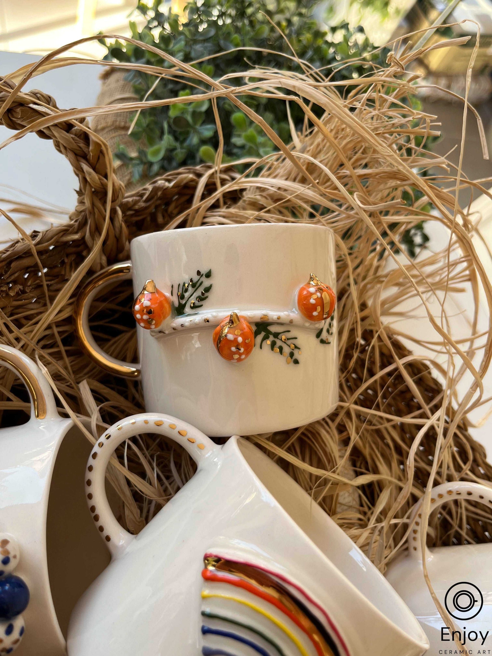 Handmade Pumpkin Mug with Gold Handle 10 oz, Pumpkin Spice Mug, Halloween Ceramic Mug, Thanksgiving Gifts Ideas, Pumpkin spice latte, Fall vibes