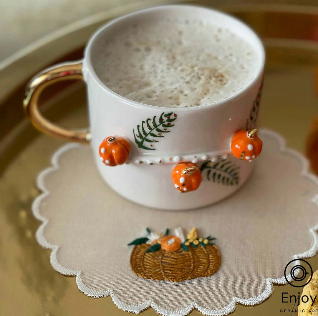 Handmade Pumpkin Mug with Gold Handle 10 oz, Pumpkin Spice Mug, Halloween Ceramic Mug, Thanksgiving Gifts Ideas, Pumpkin spice latte, Fall vibes