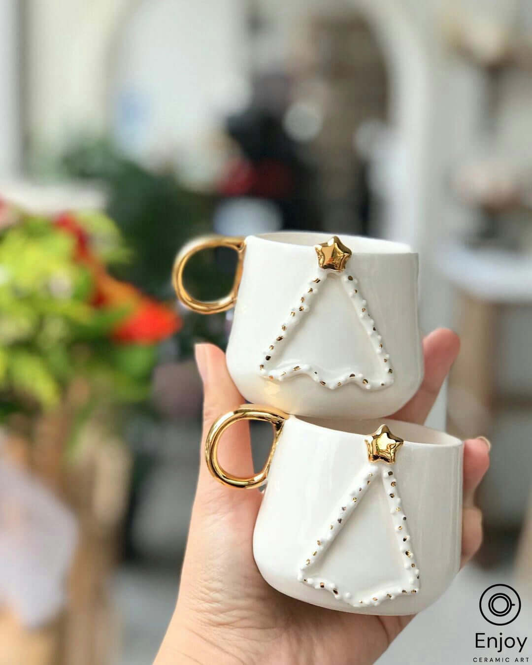 Handcrafted 'Holiday Cheer' Christmas Tree Ceramic Espresso Cup & Saucer Set - 5.4oz Festive Gift for Coffee Lovers