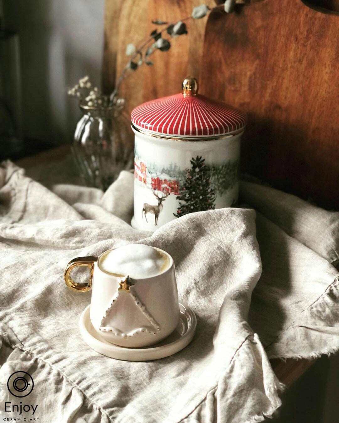 Handcrafted 'Holiday Cheer' Christmas Tree Ceramic Espresso Cup & Saucer Set - 5.4oz Festive Gift for Coffee Lovers