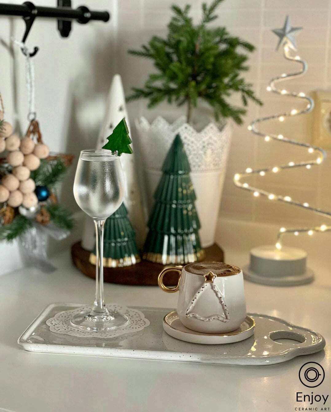 Handcrafted 'Holiday Cheer' Christmas Tree Ceramic Espresso Cup & Saucer Set - 5.4oz Festive Gift for Coffee Lovers