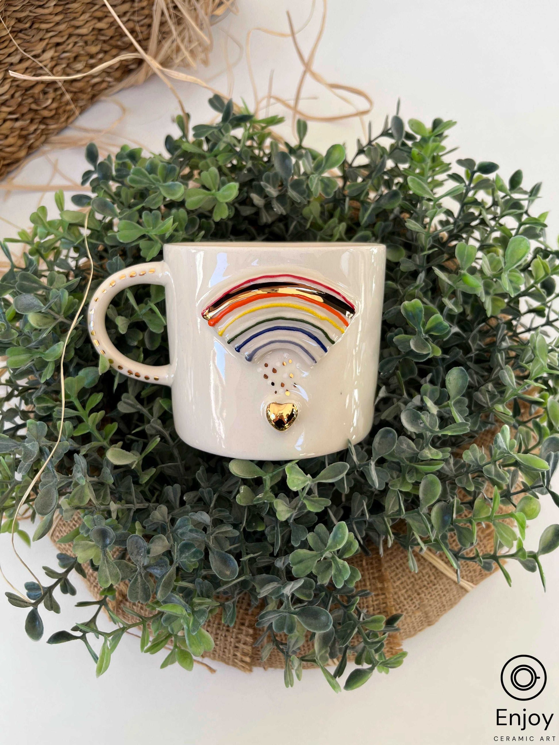 Handmade Rainbow Mug with Gold Heart - Rainbow Coffee Mug - Rainbow Gifts - Rainbow Coffee CupDo you want to add a little bit of color to your life?