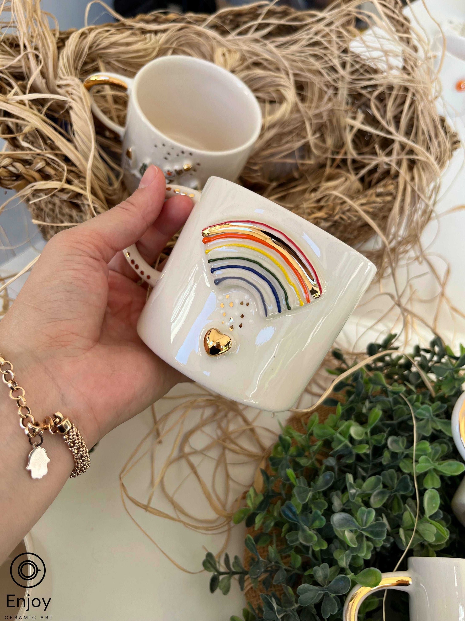 Handmade Rainbow Mug with Gold Heart - Rainbow Coffee Mug - Rainbow Gifts - Rainbow Coffee CupDo you want to add a little bit of color to your life?