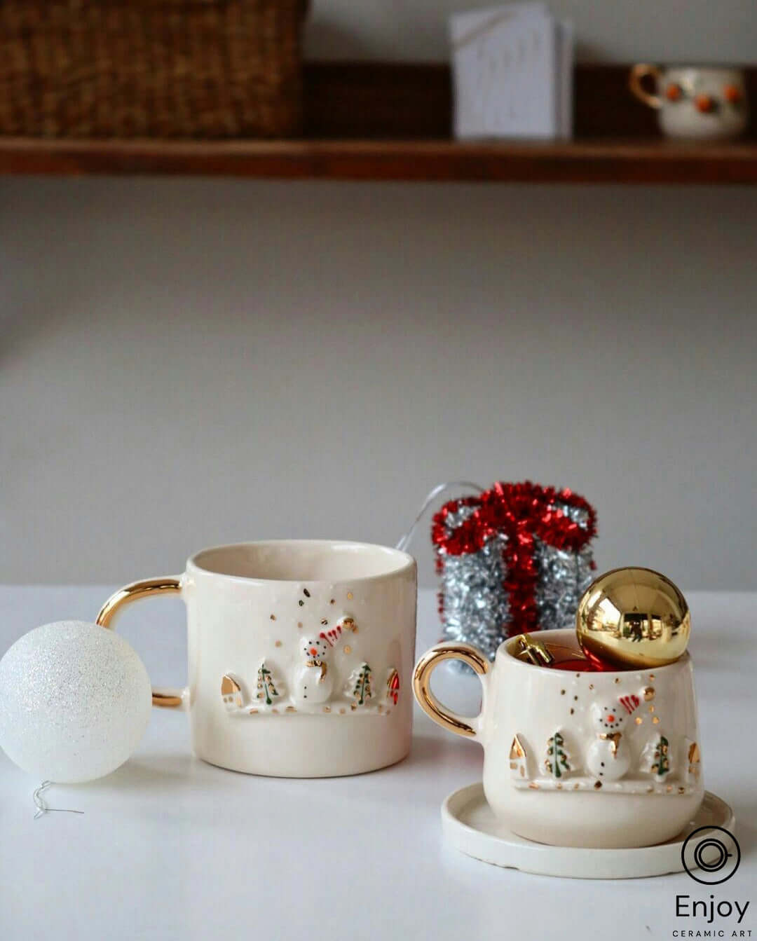 Handcrafted 'Frosty Charm' Snowman Ceramic Espresso Cup & Saucer Set - 5.4 oz - Perfect for Festive Coffee Lovers