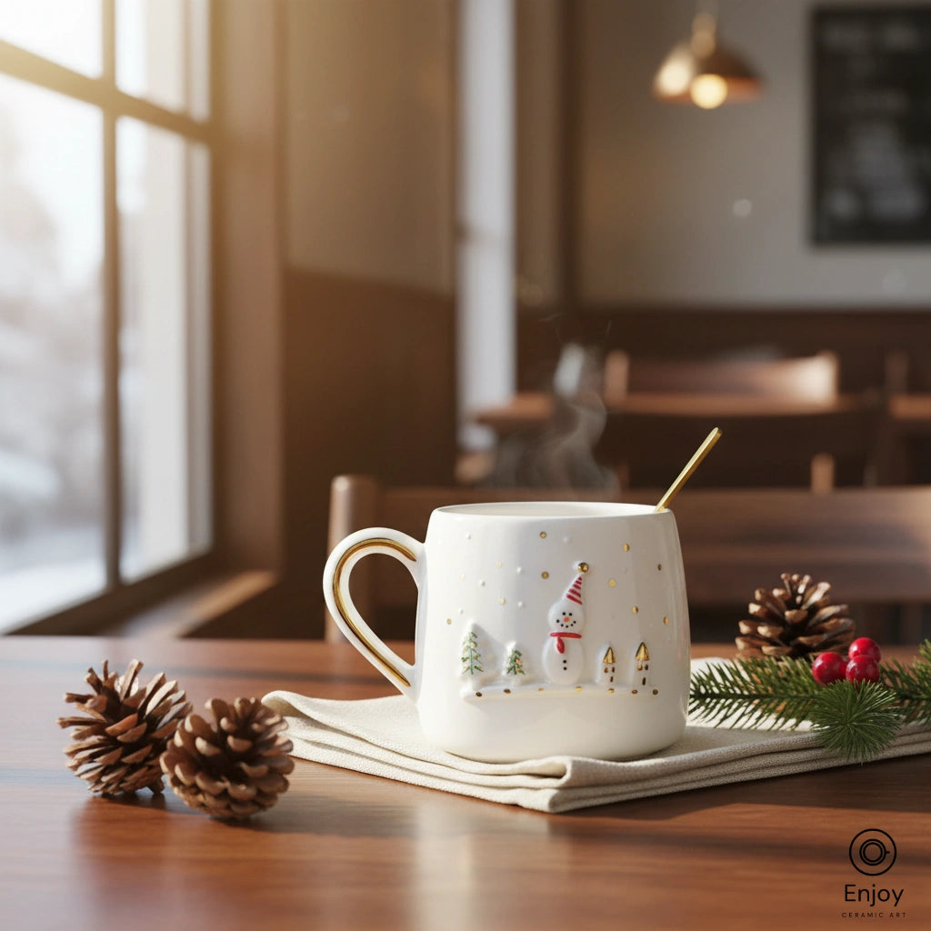 Snowman Mug - Handmade Ceramic Christmas Coffee Mug with Gold Handle