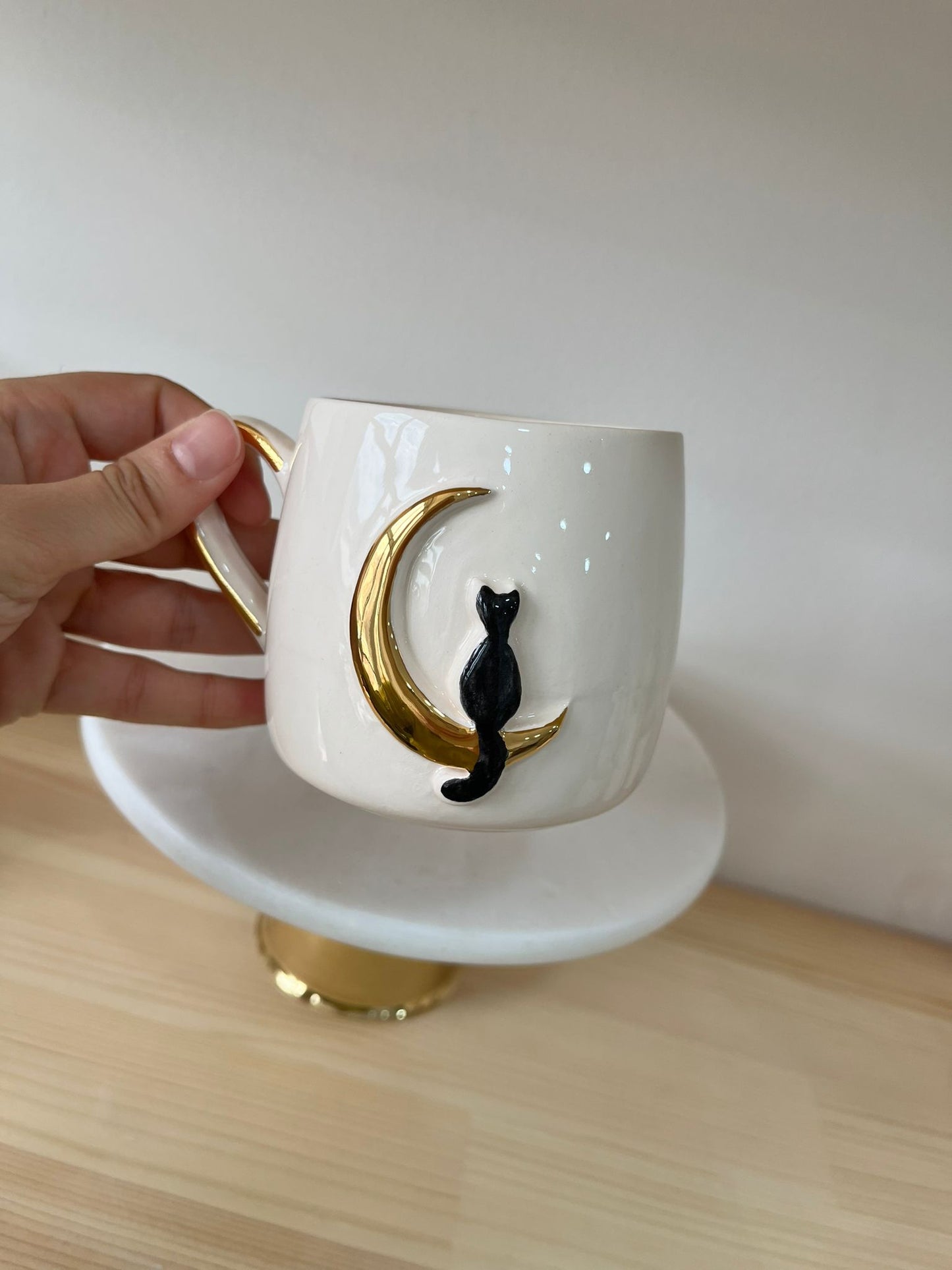 Handmade 10 oz Celestial Cat Mug with Golden Handle - Elegant Drinkware