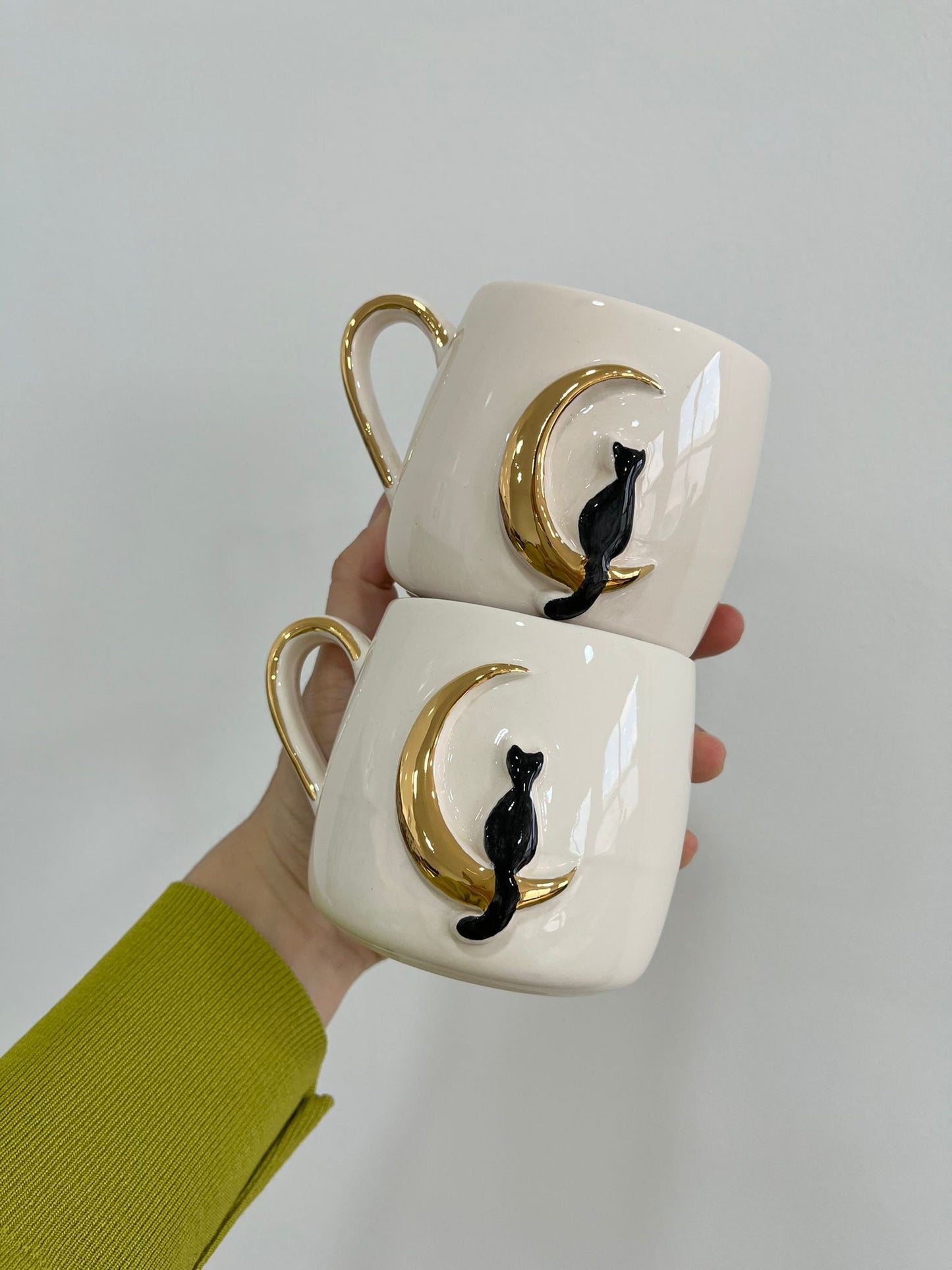 Handmade 10 oz Celestial Cat Mug with Golden Handle - Elegant Drinkware