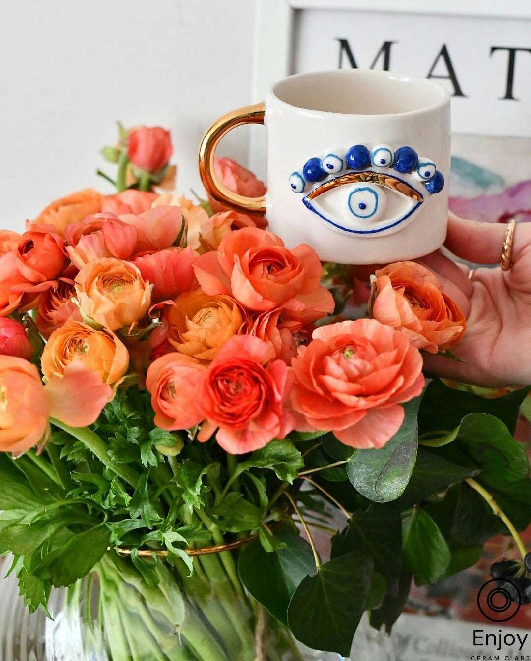 Evil Eye Coffee Mug - Artisanal, Handmade 10oz Ceramic Coffee Cup with Gold Handle, Evil Eye Protection Symbol