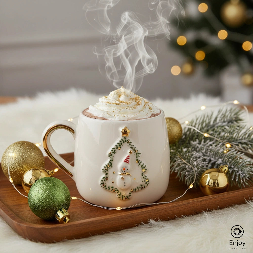Festive Snowman Christmas Mug - Gold Handle & Tree Frame