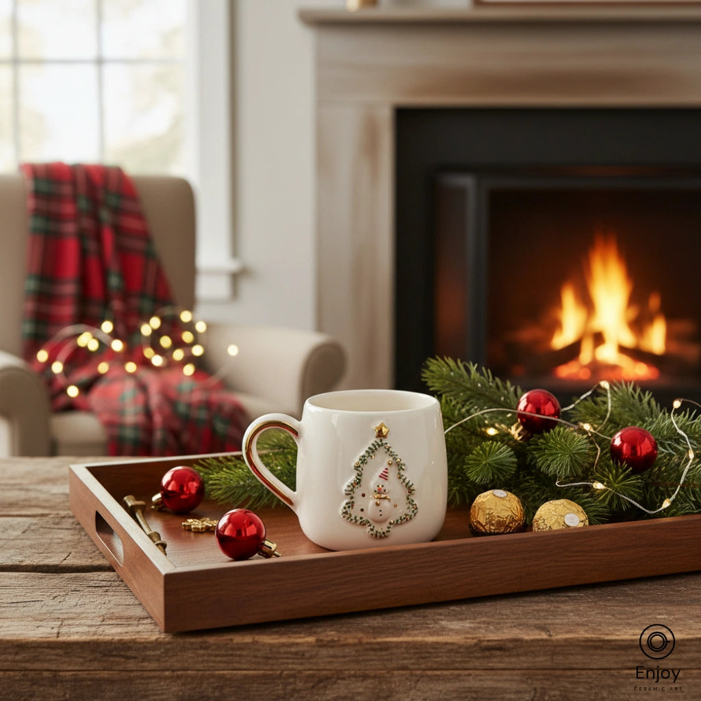 Festive Snowman Christmas Mug - Gold Handle & Tree Frame