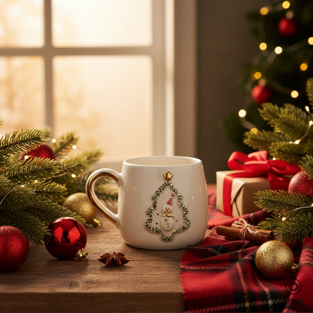 Festive Snowman Christmas Mug - Gold Handle & Tree Frame