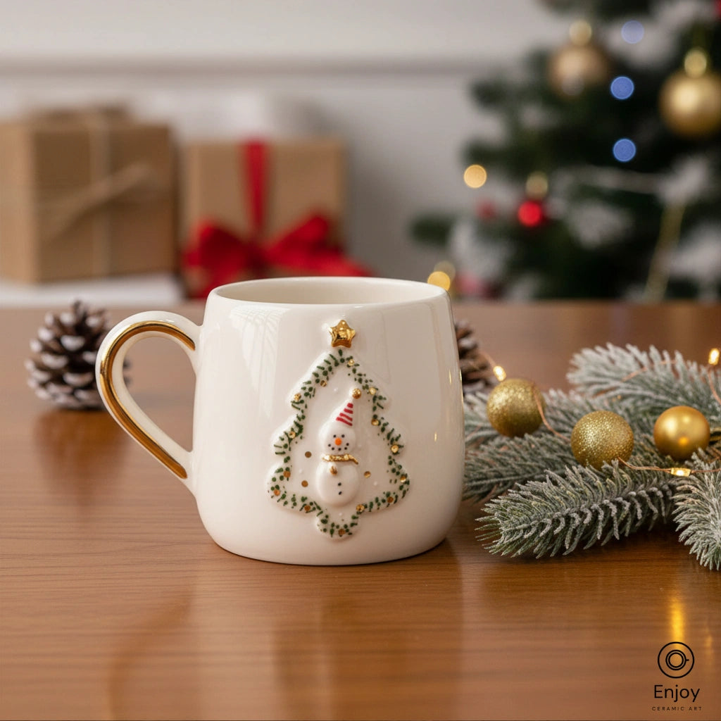 Festive Snowman Christmas Mug - Gold Handle & Tree Frame