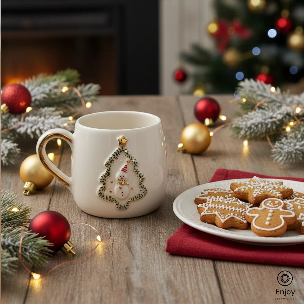Festive Snowman Christmas Mug - Gold Handle & Tree Frame