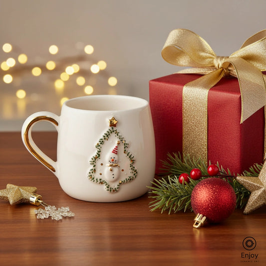 Festive Snowman Christmas Mug - Gold Handle & Tree Frame