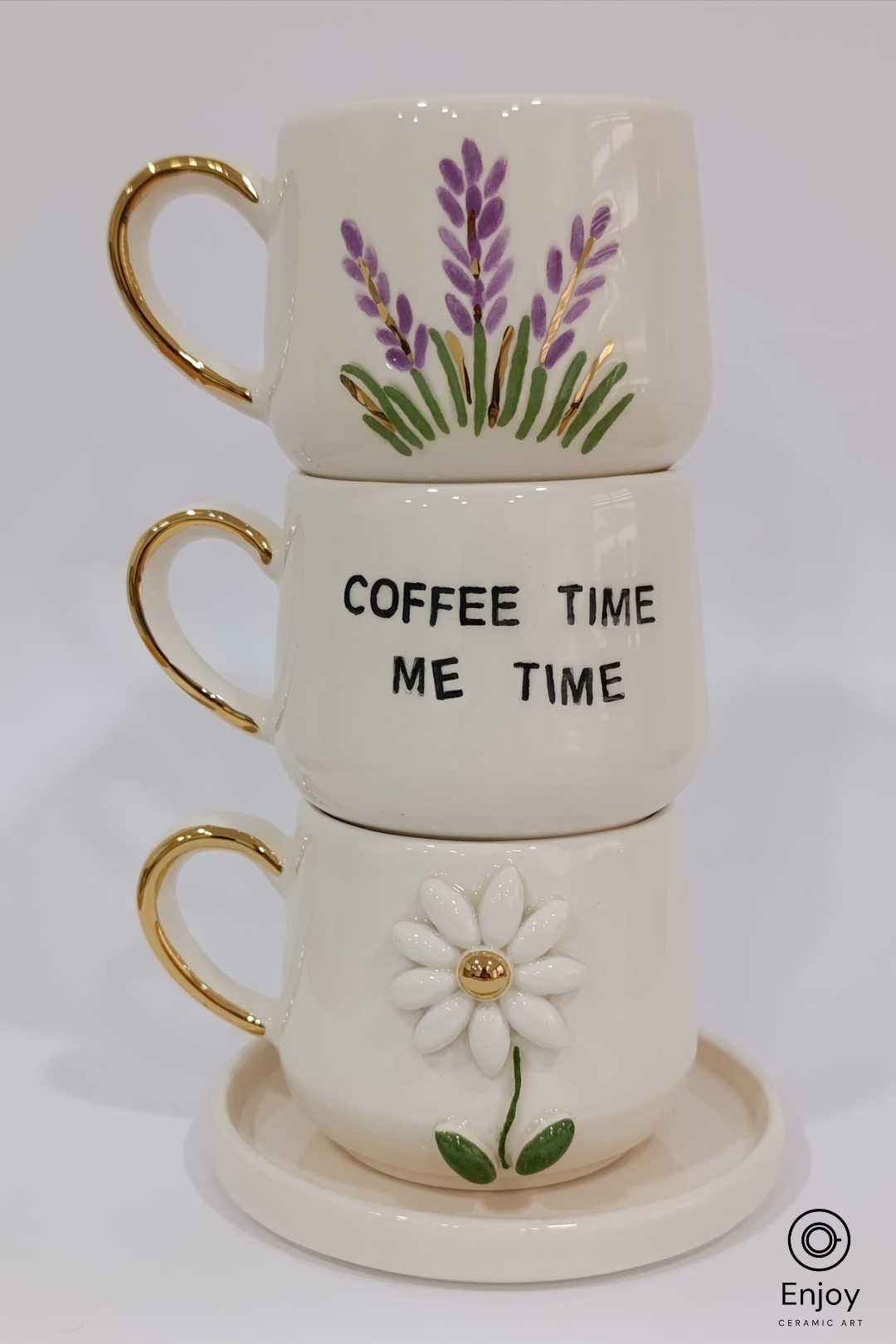 Handmade Floral Espresso Cup Set of 3 with Saucers – Lavender, Daisy & Coffee Time
