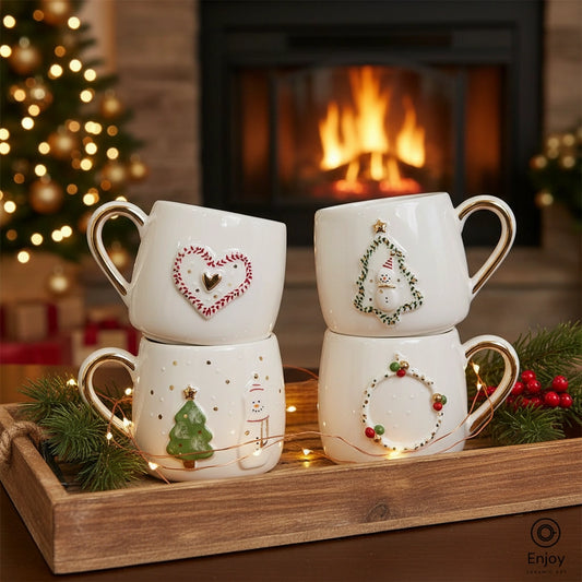 Handmade 4-Piece Christmas Mug Set – Heart, Tree, Wreath & Snowman Designs with Gold Accents (10oz)