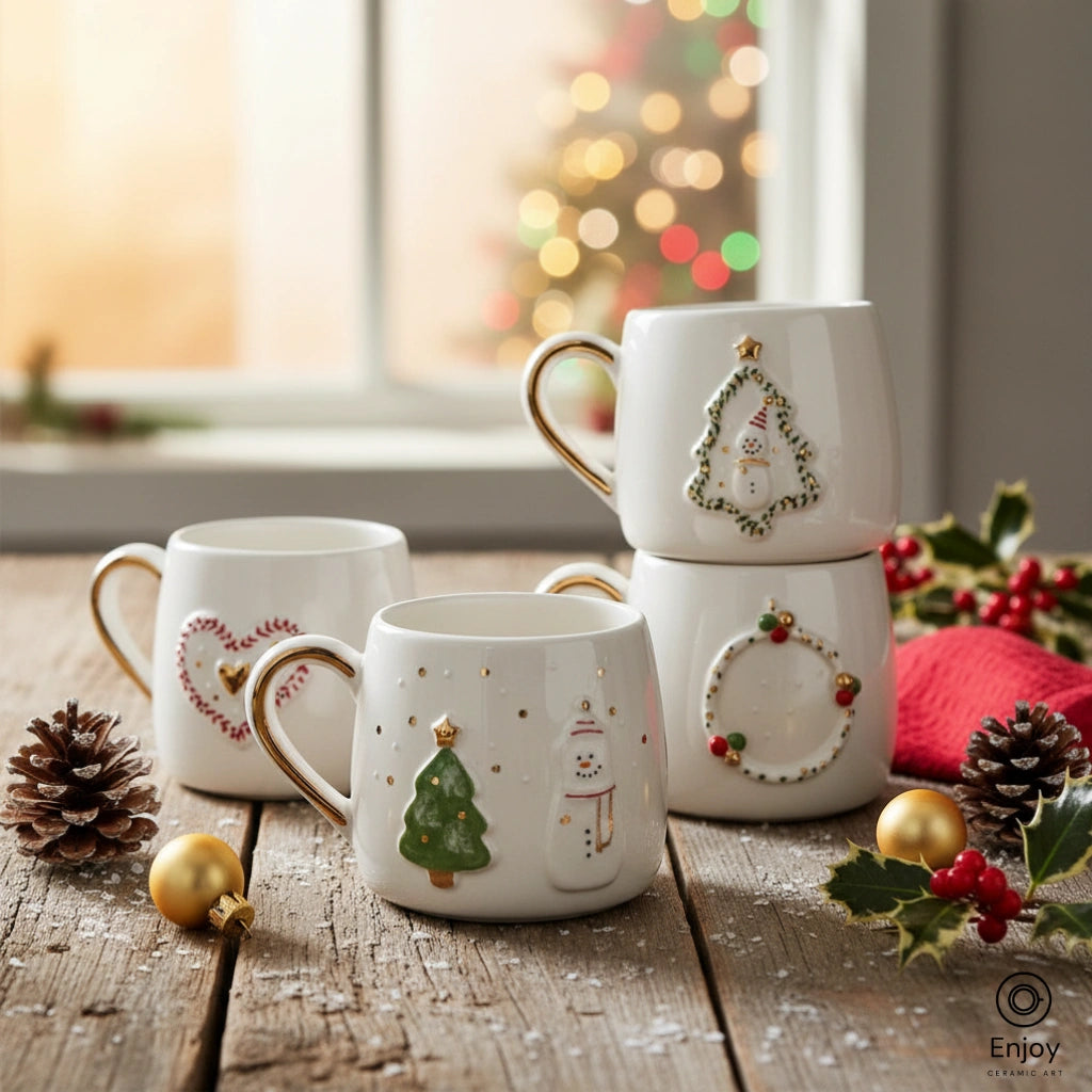 Handmade 4-Piece Christmas Mug Set – Heart, Tree, Wreath & Snowman Designs with Gold Accents (10oz)