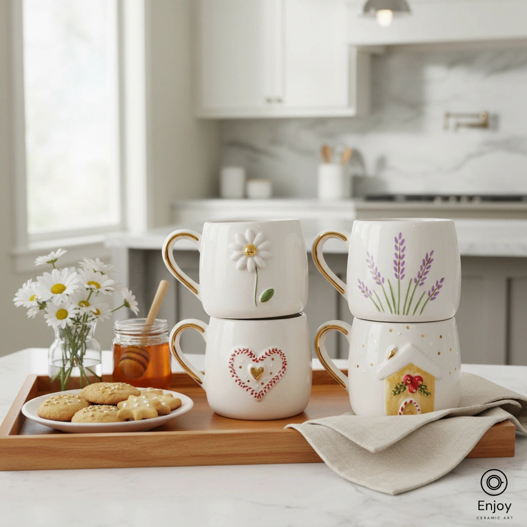 Handmade Ceramic Mug Set (4-Piece, 10oz) – Daisy, Lavender, Heart & Cottage Designs