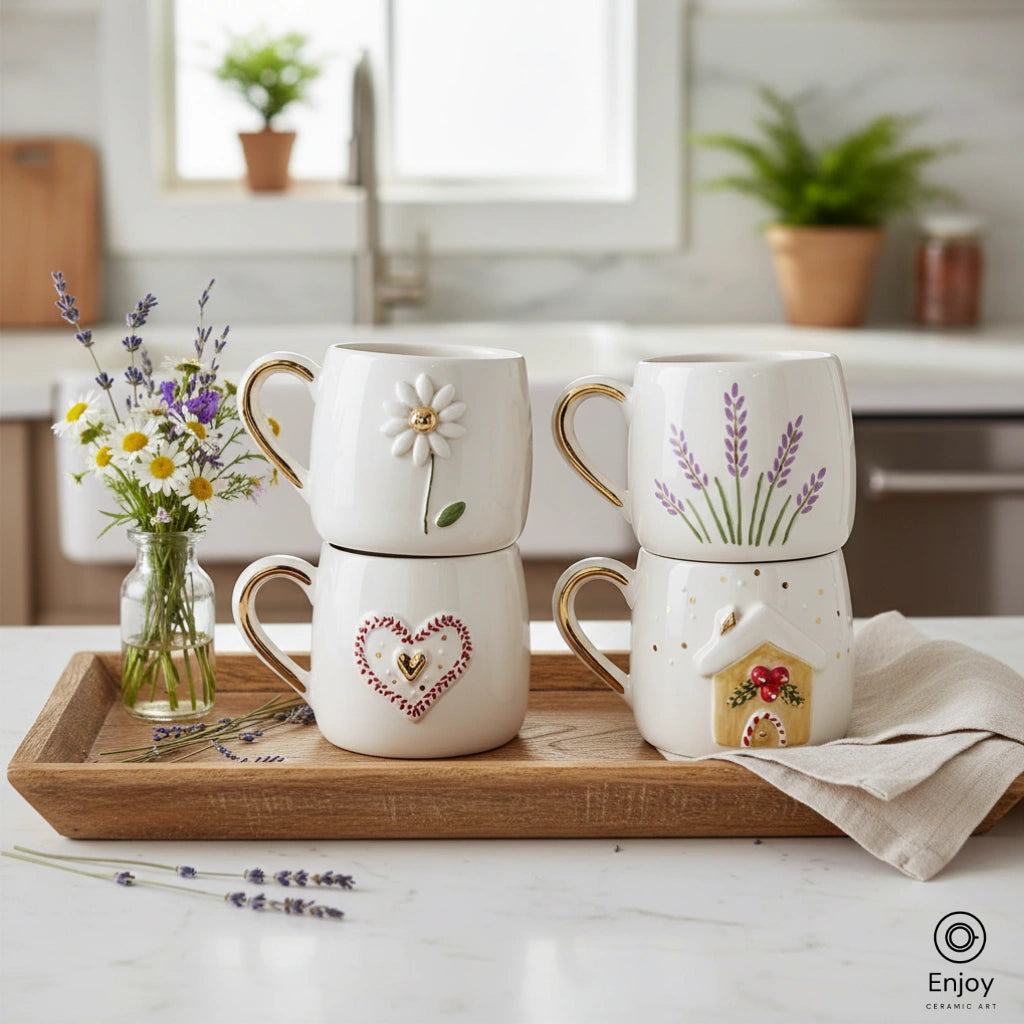 Handmade Ceramic Mug Set (4-Piece, 10oz) – Daisy, Lavender, Heart & Cottage Designs