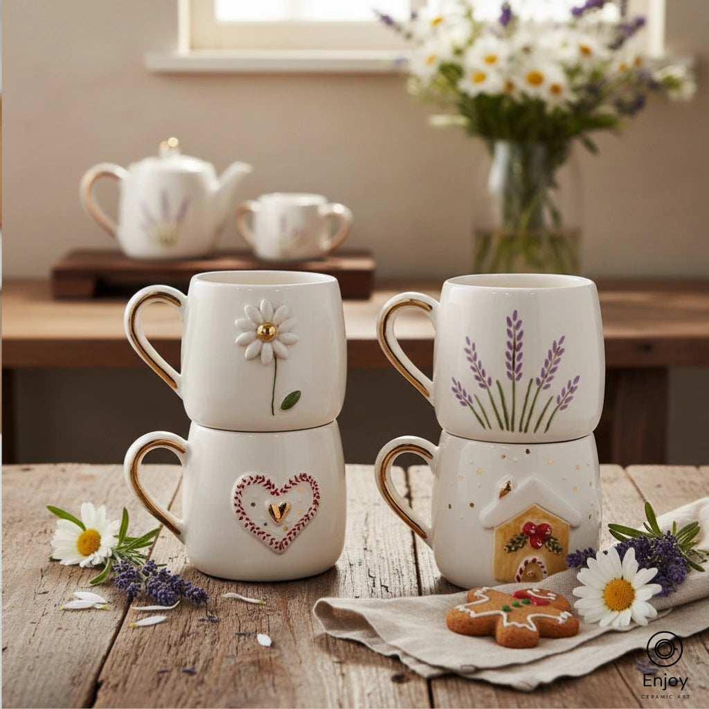 Handmade Ceramic Mug Set (4-Piece, 10oz) – Daisy, Lavender, Heart & Cottage Designs