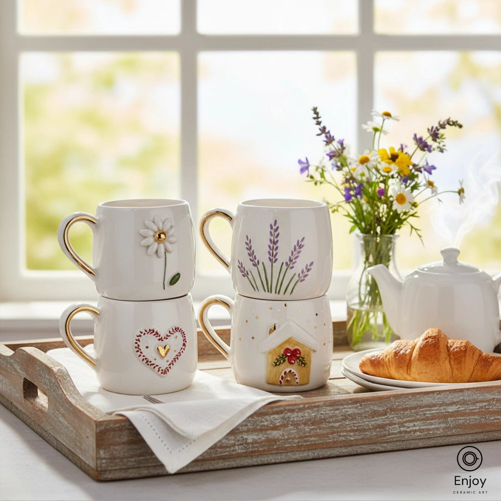 Handmade Ceramic Mug Set (4-Piece, 10oz) – Daisy, Lavender, Heart & Cottage Designs