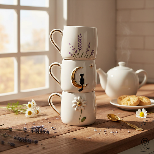 Handmade Ceramic Mug Set of 3 – Lavender, Moon Cat & Daisy (10oz)