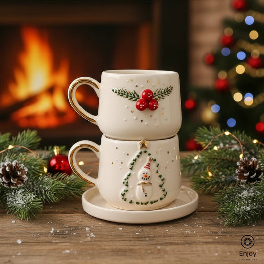 Handmade Christmas Espresso Cup Set of 2 – Snowman Tree & Winterberry Designs (5.4oz)
