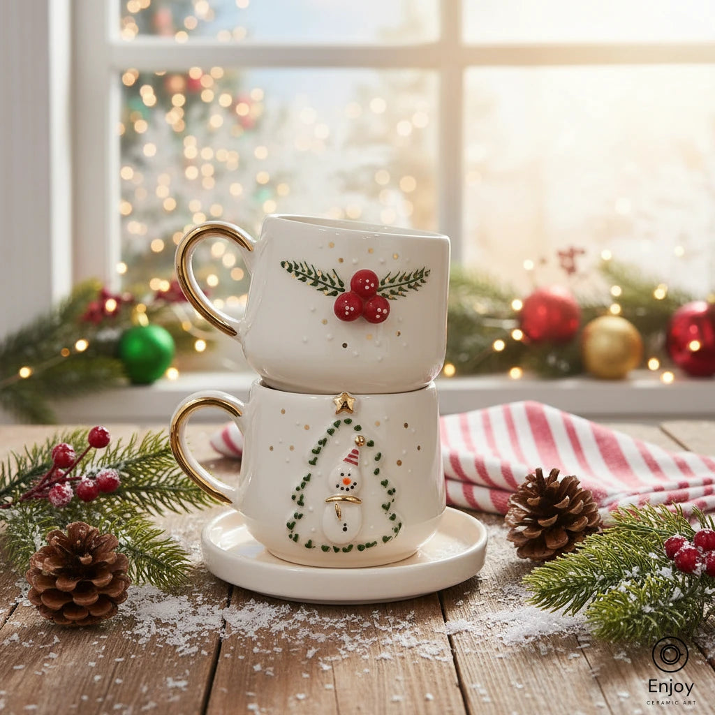 Handmade Christmas Espresso Cup Set of 2 – Snowman Tree & Winterberry Designs (5.4oz)
