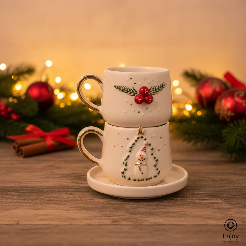 Handmade Christmas Espresso Cup Set of 2 – Snowman Tree & Winterberry Designs (5.4oz)