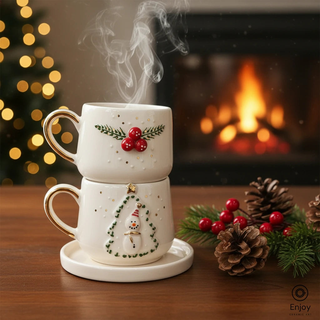 Handmade Christmas Espresso Cup Set of 2 – Snowman Tree & Winterberry Designs (5.4oz)
