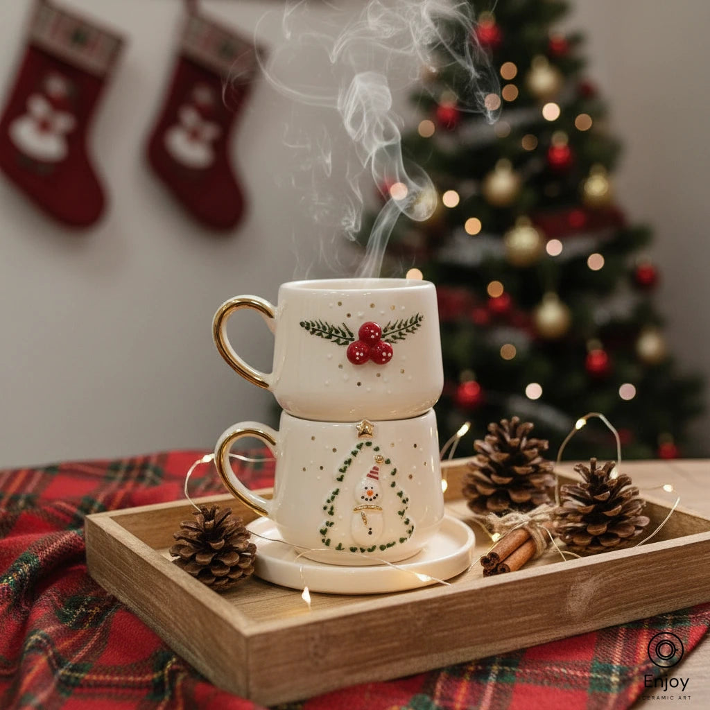 Handmade Christmas Espresso Cup Set of 2 – Snowman Tree & Winterberry Designs (5.4oz)