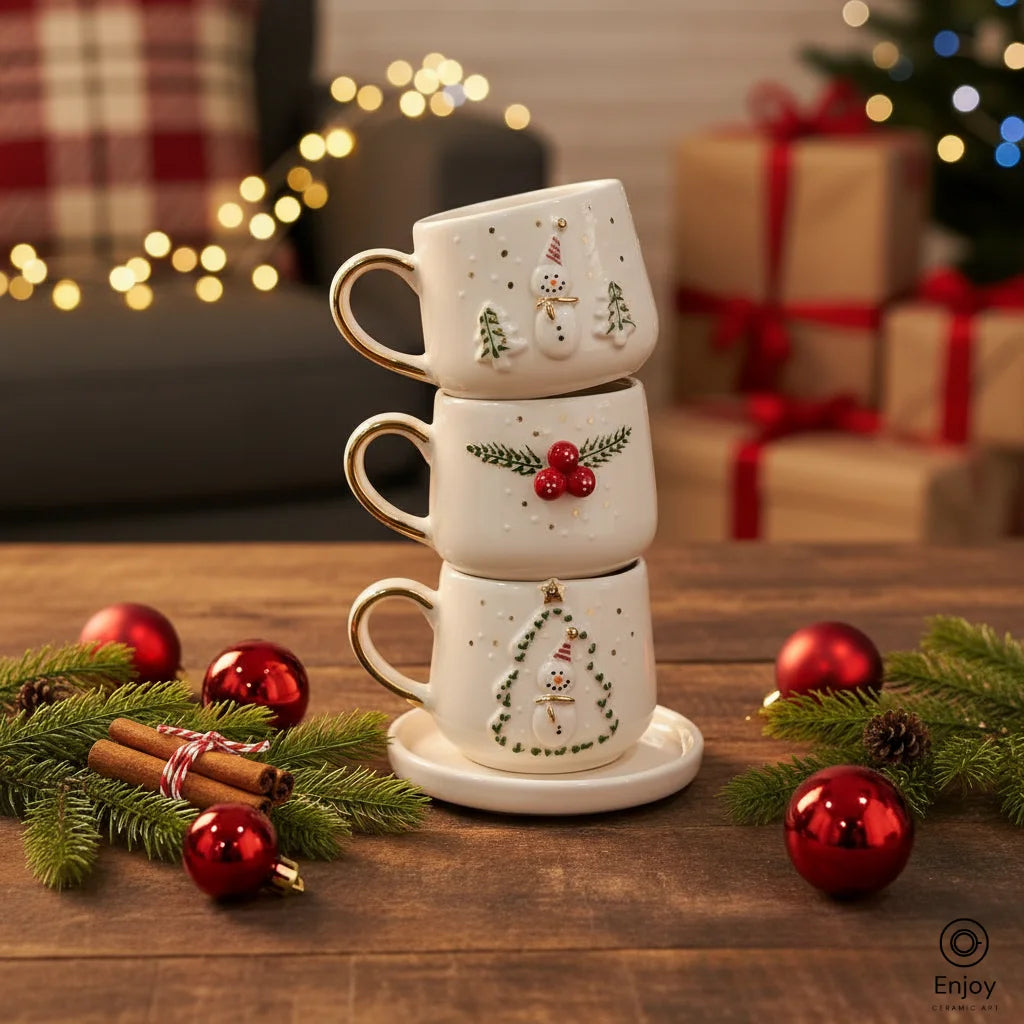Handmade Christmas Espresso Cup Set of 3 with Saucers – Ceramic Holiday Collection