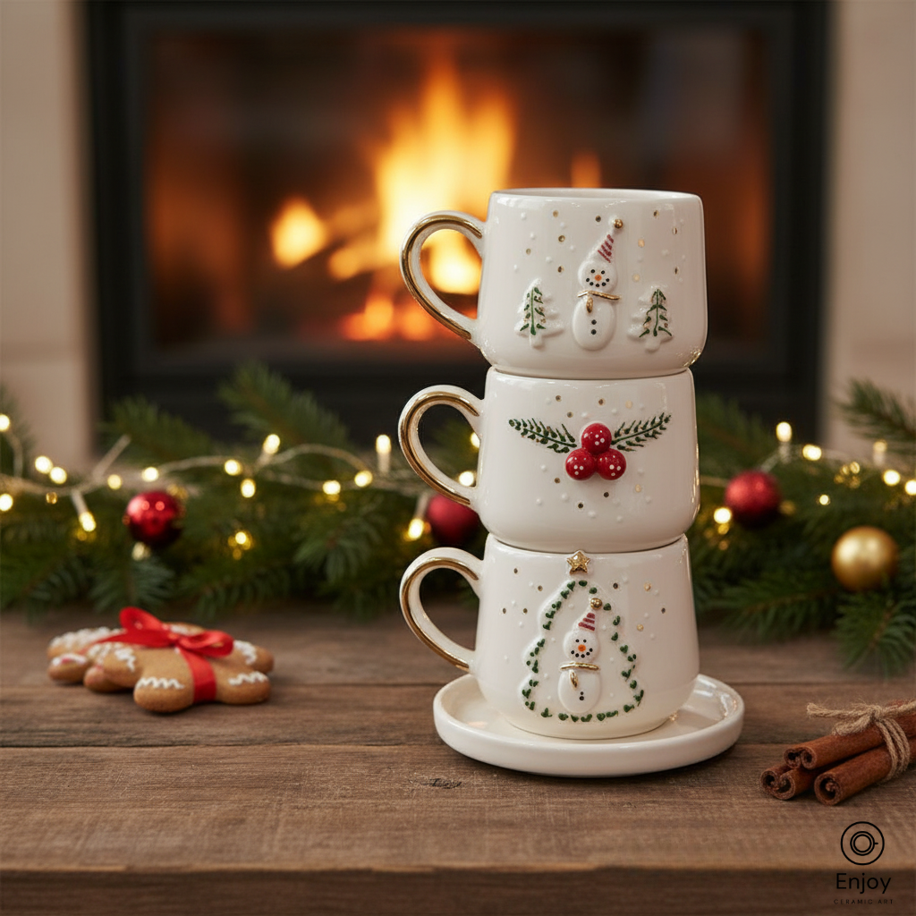Handmade Christmas Espresso Cup Set of 3 with Saucers – Ceramic Holiday Collection