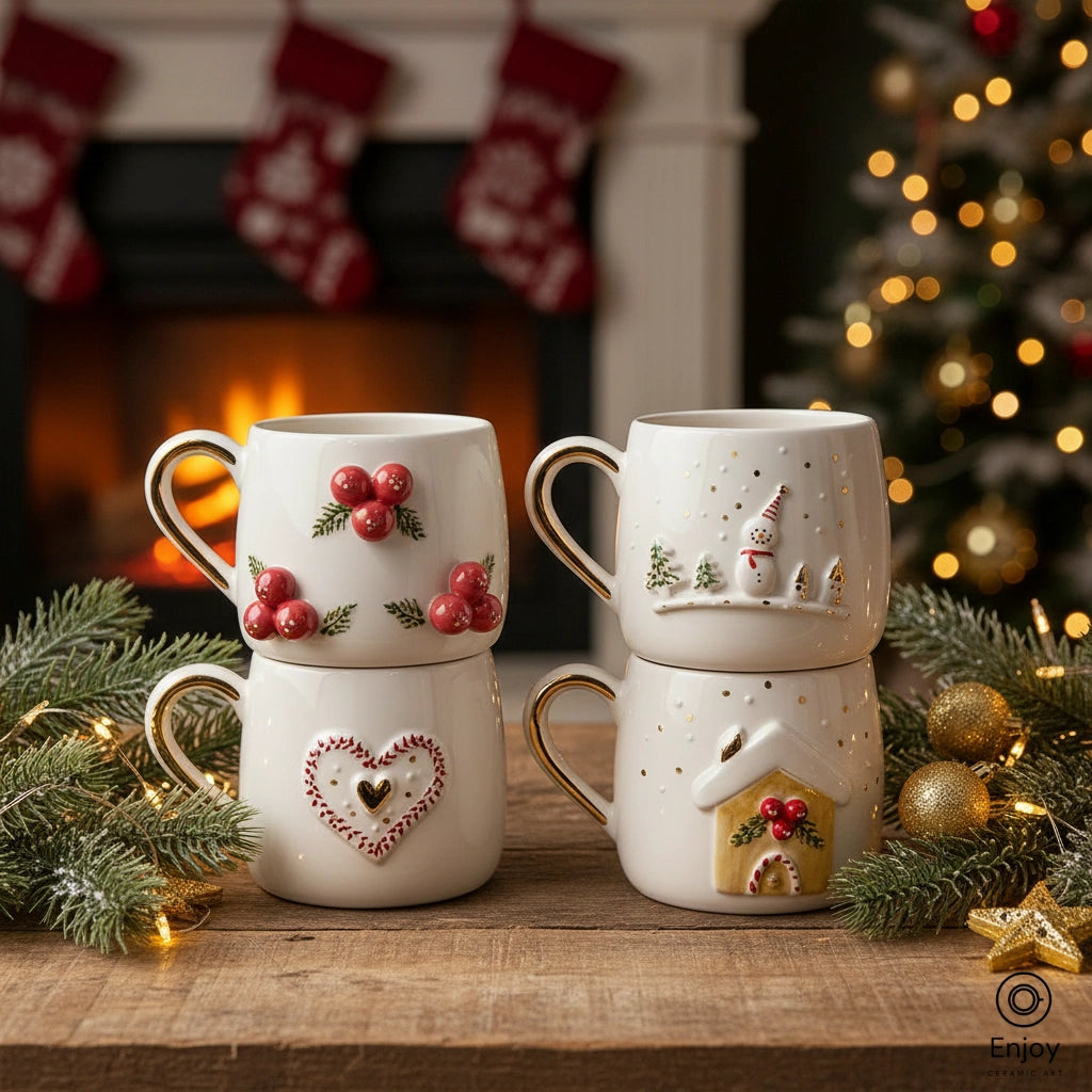 Handmade Christmas Mug Set (4-Piece, 10oz) – Berries, Snowman, Heart, and Gingerbread House Holiday Mugs