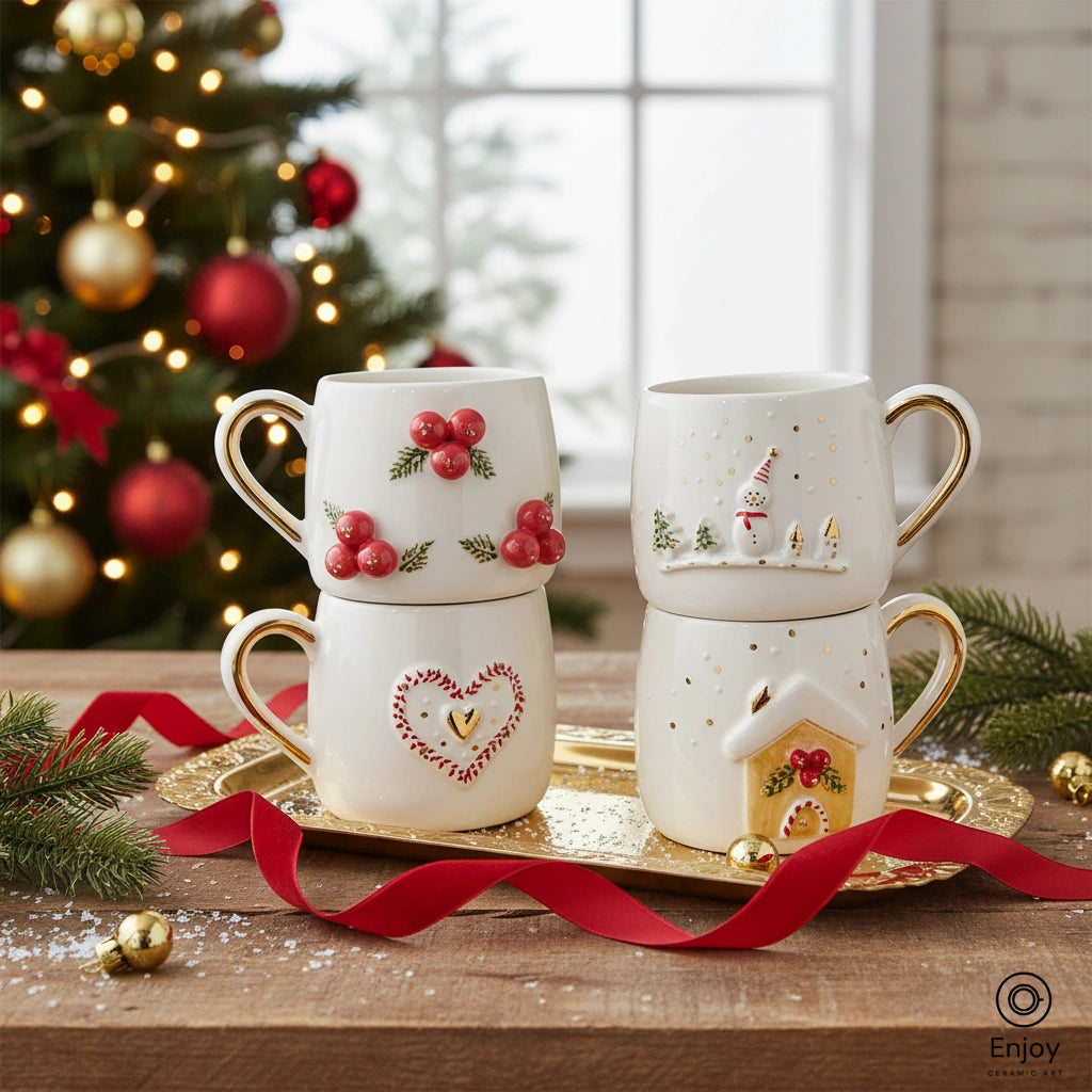 Handmade Christmas Mug Set (4-Piece, 10oz) – Berries, Snowman, Heart, and Gingerbread House Holiday Mugs