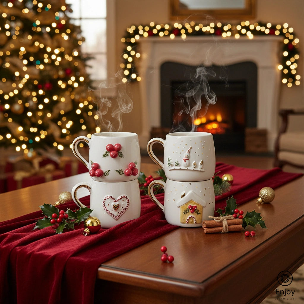 Handmade Christmas Mug Set (4-Piece, 10oz) – Berries, Snowman, Heart, and Gingerbread House Holiday Mugs