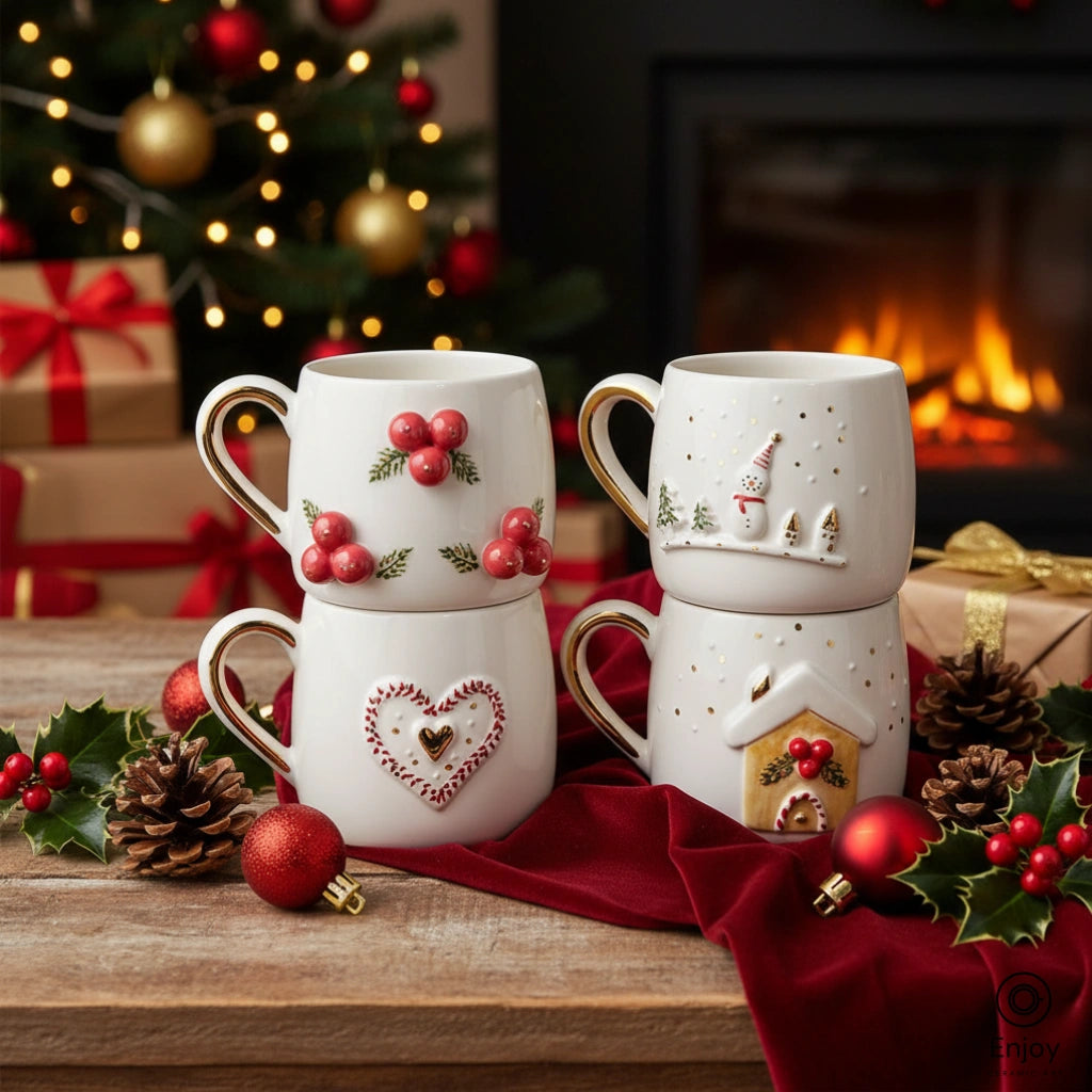 Handmade Christmas Mug Set (4-Piece, 10oz) – Berries, Snowman, Heart, and Gingerbread House Holiday Mugs