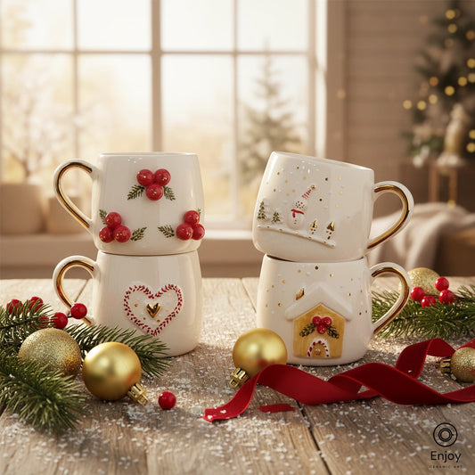 Handmade Christmas Mug Set (4-Piece, 10oz) – Berries, Snowman, Heart, and Gingerbread House Holiday Mugs