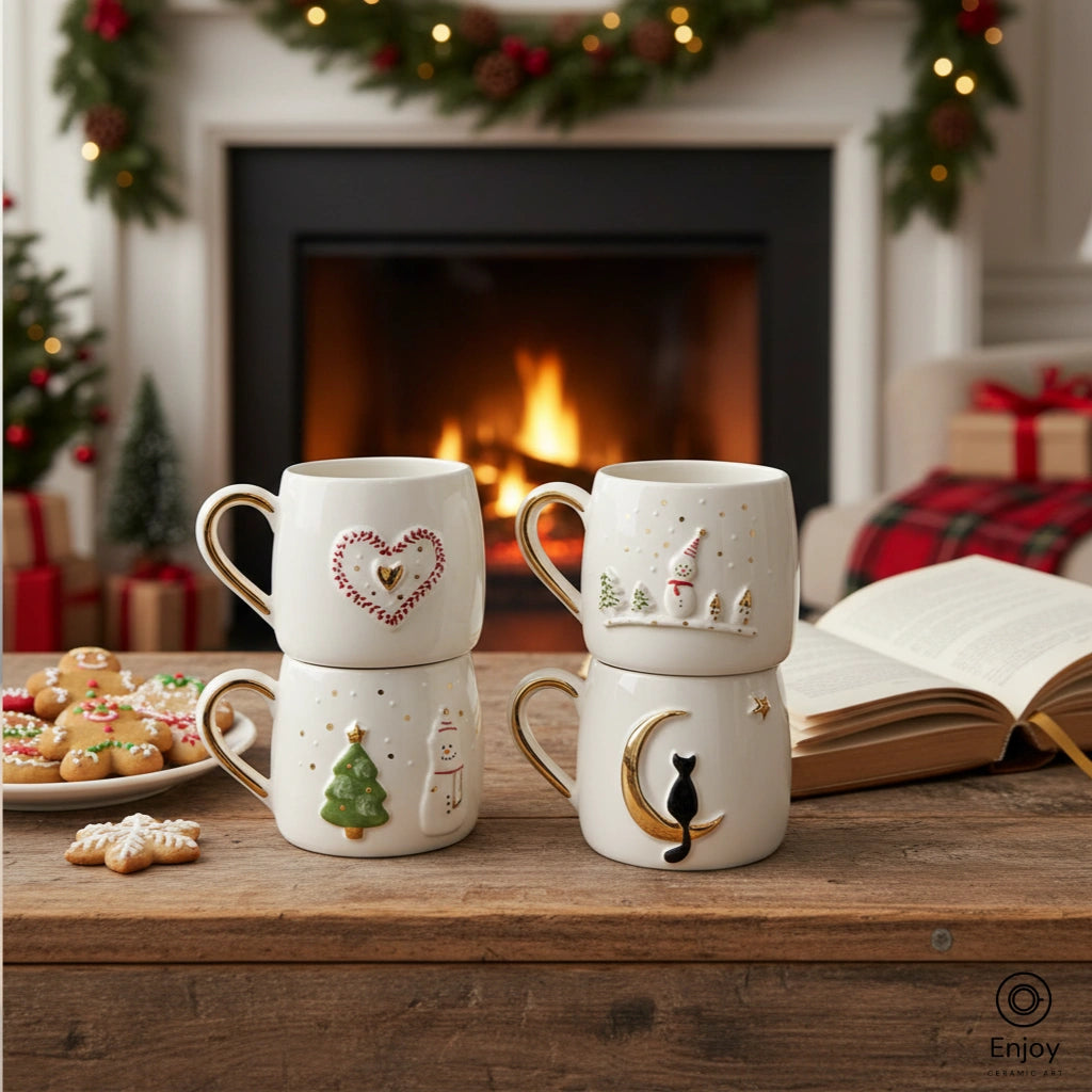 Handmade Christmas Mug Set (4-Piece, 10oz) – Heart, Snowman, Tree & Moon Cat Holiday Mugs