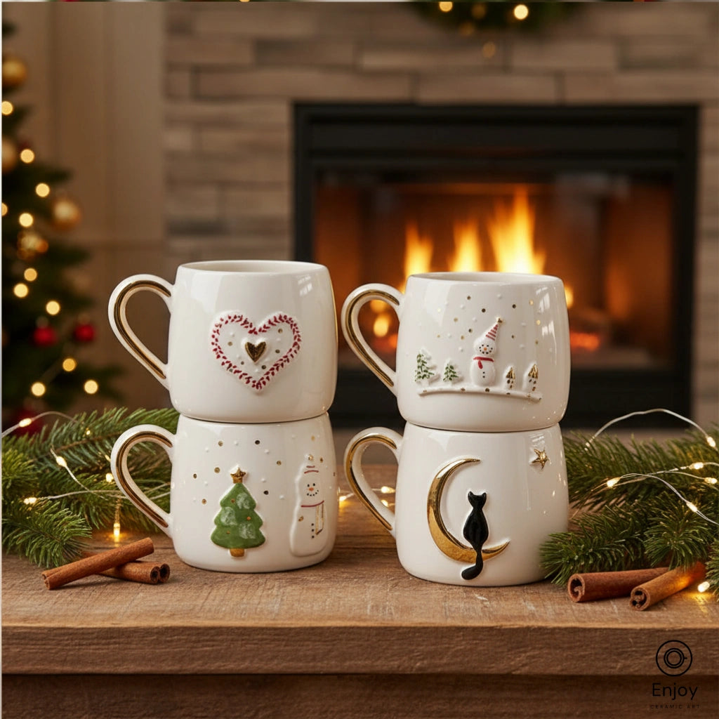Handmade Christmas Mug Set (4-Piece, 10oz) – Heart, Snowman, Tree & Moon Cat Holiday Mugs