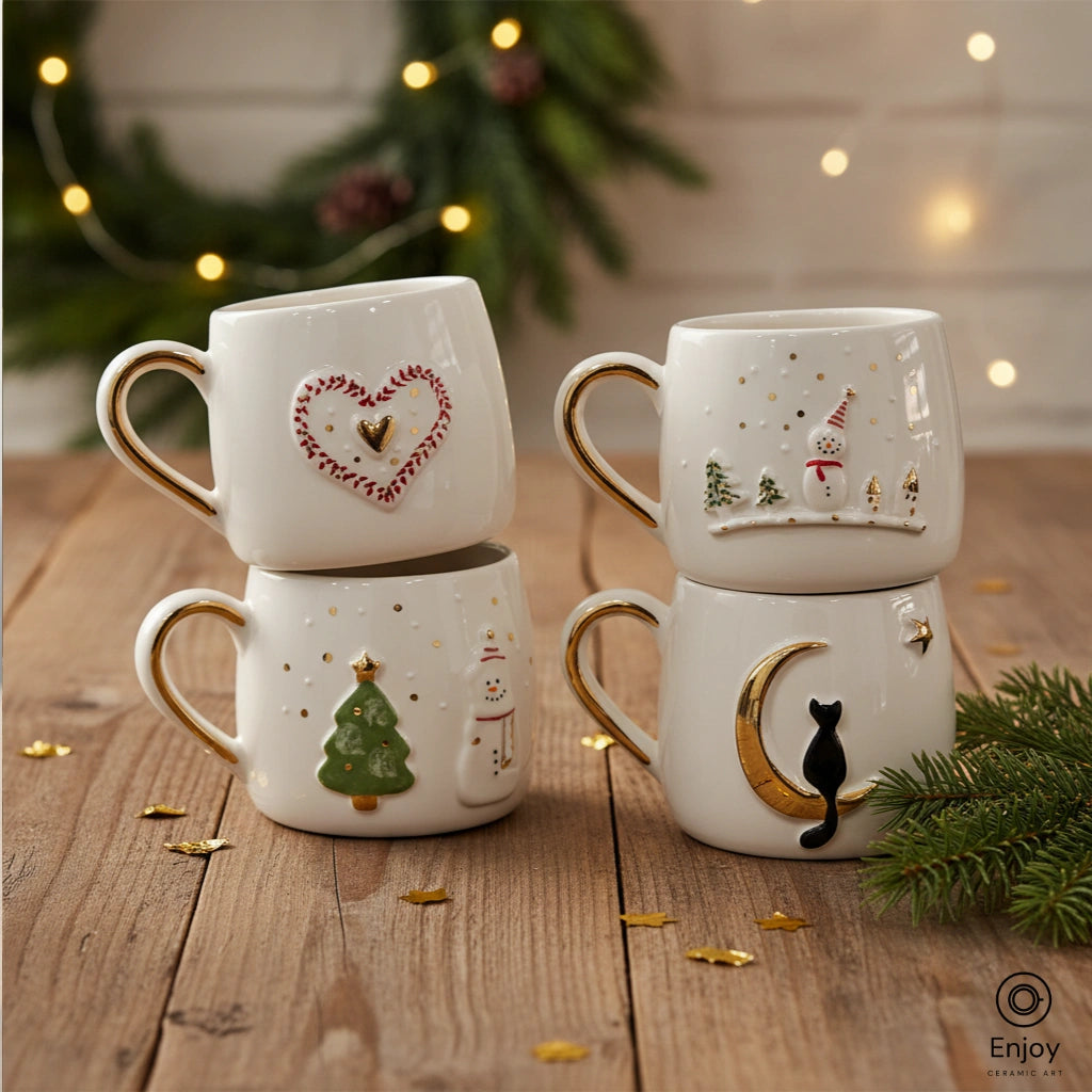 Handmade Christmas Mug Set (4-Piece, 10oz) – Heart, Snowman, Tree & Moon Cat Holiday Mugs